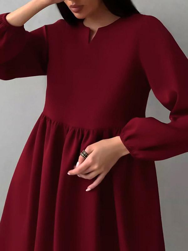 Loose Puff Sleeves Elasticity Pleated Solid Color Split-Joint Round-Neck Mini Dresses Product Image