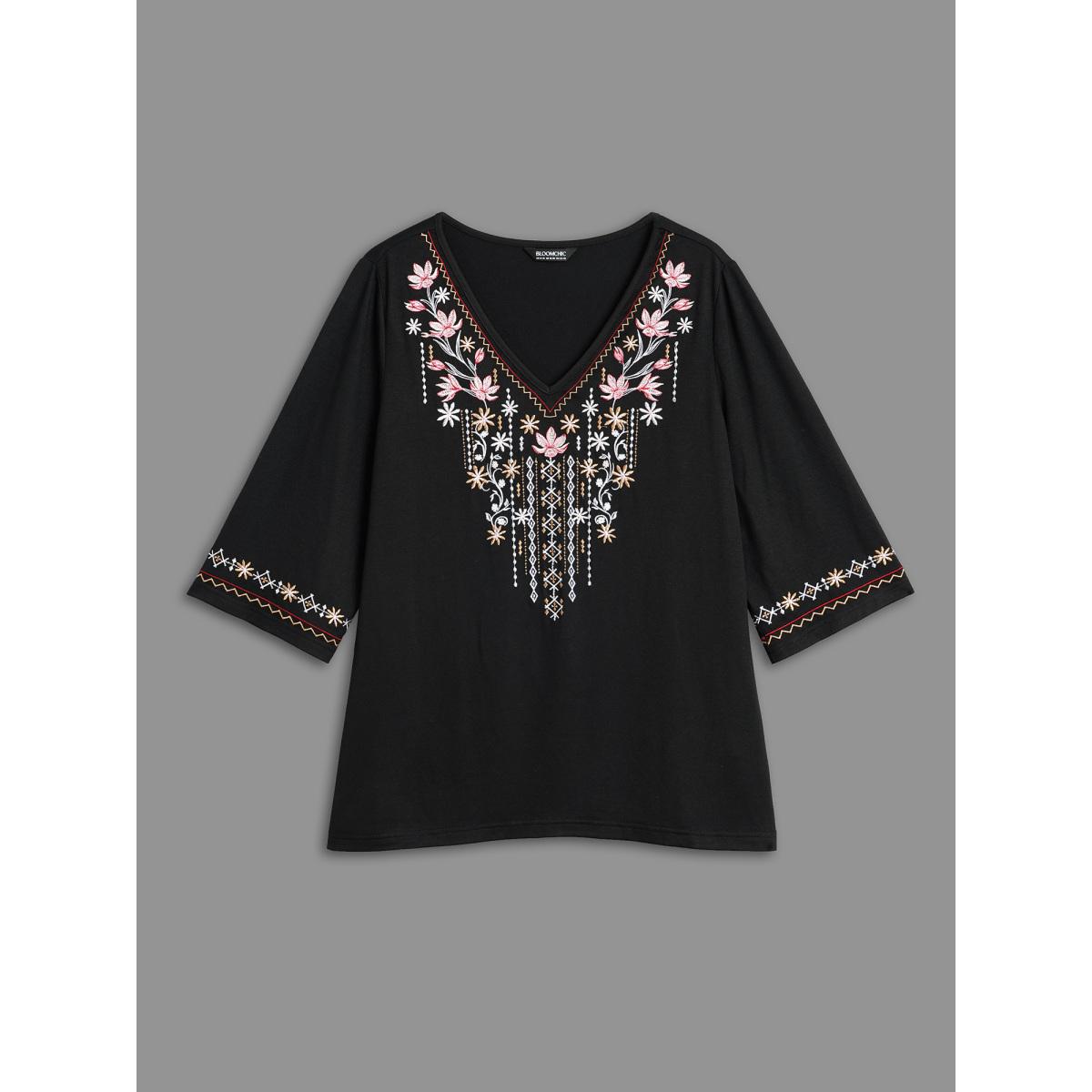 Plus Size Floral Embroidered V-Neck T-shirt Black Women Elegant Embroidered Natural Flowers V-neck Everyday T-shirts BloomChic 12/L Product Image