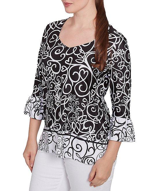 Ruby Rd. Whirlwind Heart Border Print Knit Sweetheart Neck 3/4 Sleeve Top Product Image