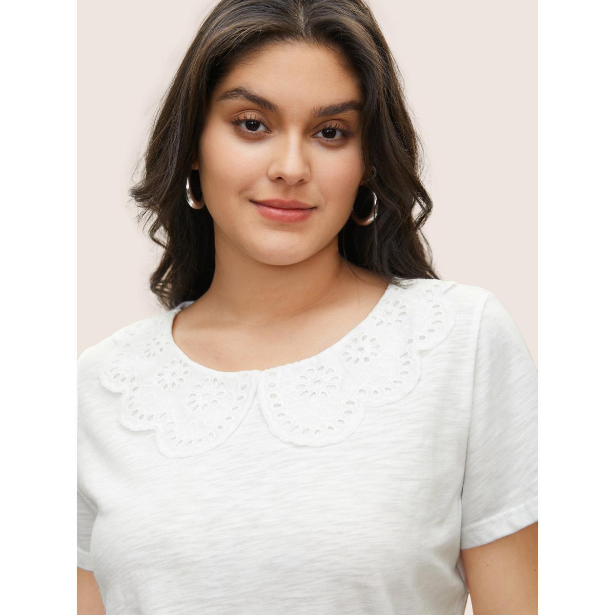 Plus Size Solid Broderie Anglaise Peter Pan Collar T-shirt White Women Elegant Non Plain Peter Pan Collar Everyday T-shirts BloomChic 26/4X Product Image