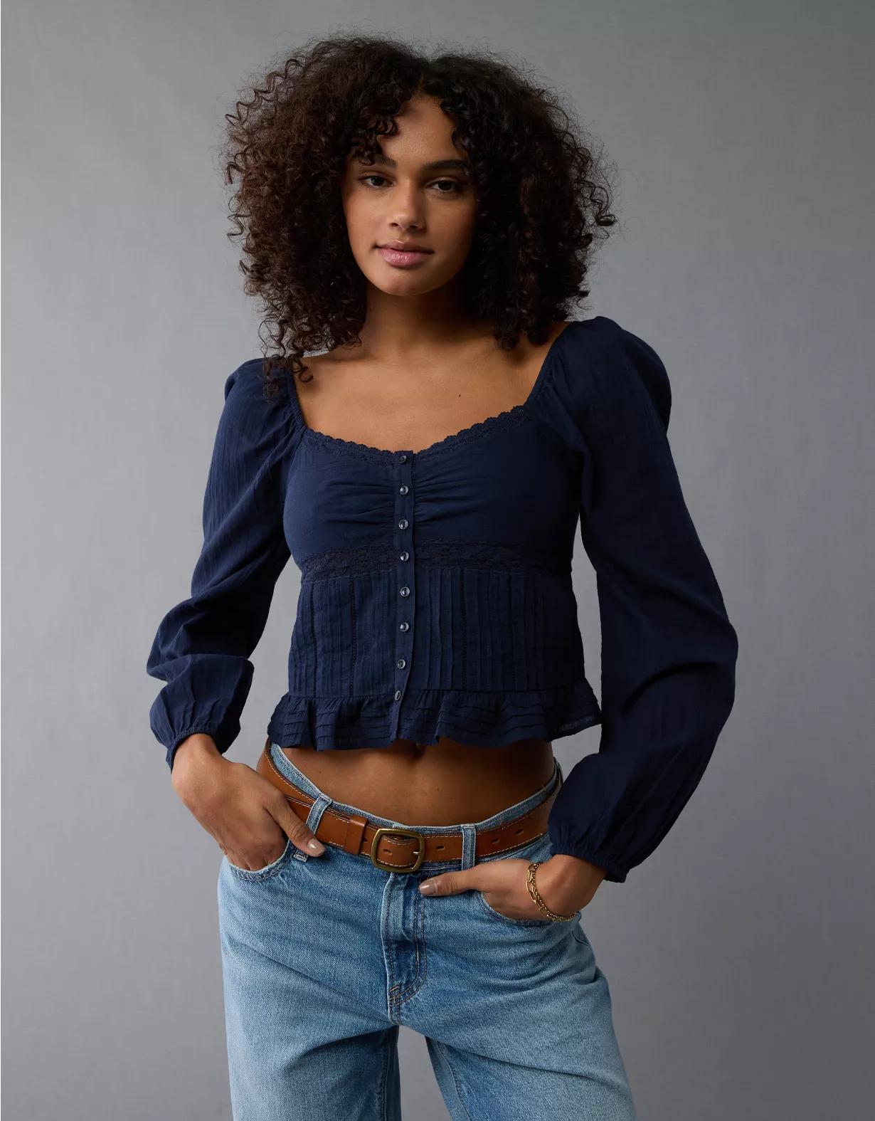 AE Long-Sleeve Cinched Blouse Product Image