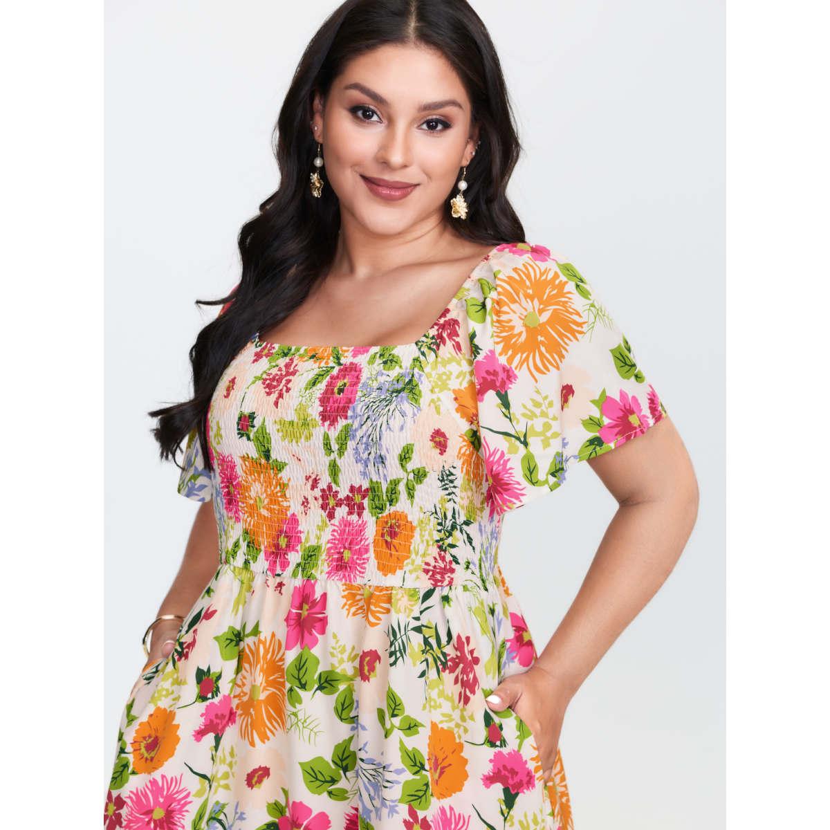 Plus Size Floral Shirred Square Neck Pocket Midi Dress Multicolor Women Romantic Non Square Neck Short sleeve Curvy Midi Dress BloomChic 26/4X Product Image