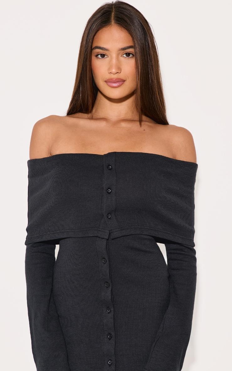 Black Rib Fold Over Bardot Button Maxi Dress Product Image