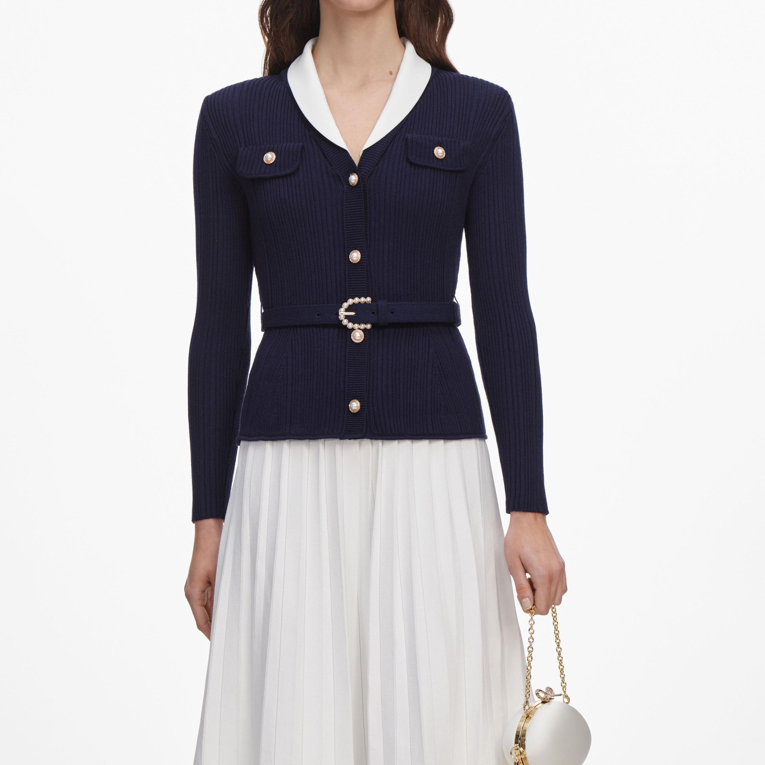 Navy Ribbed Knit Contrast Midi Dress Product Image