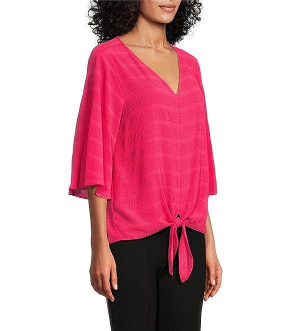 Slim Factor By Investments Dylan Puckered Stripe Tie Front V-Neck 3/4 Sleeve Top Product Image