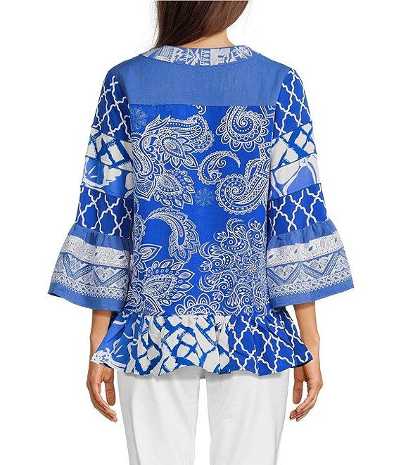 Calessa Petite Size Summer Paisley Split V-Neck Embroidered Tunic Product Image