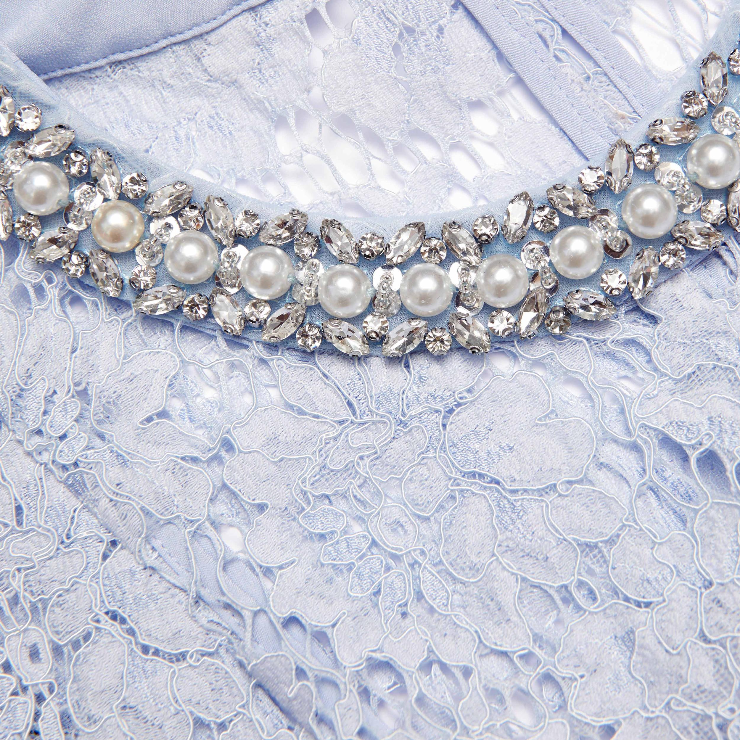 Blue Fine Lace Pearl Midi Dress Product Image