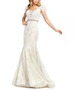 Mac Duggal Embellished Feather Cap Sleeve Illusion Neck Trumpet Gown Product Image