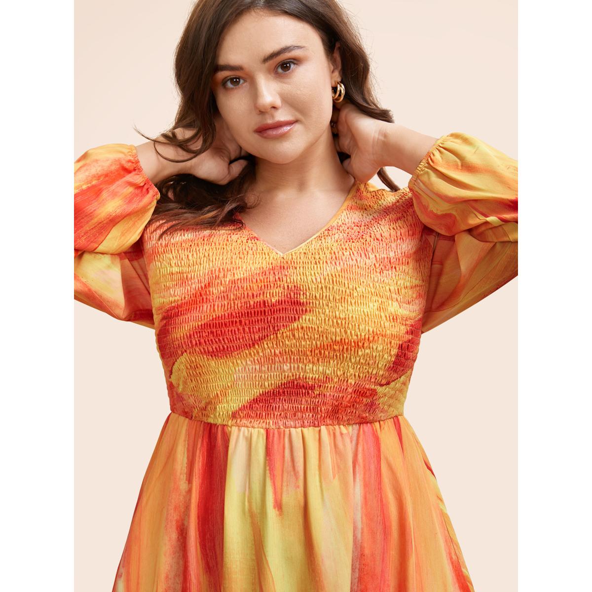 Plus Size Gradient Dyeing Shirred Ruffle Hem Dress Multicolor Women Elegant Gathered V-neck Long Sleeve Curvy BloomChic 22-24/3X Product Image