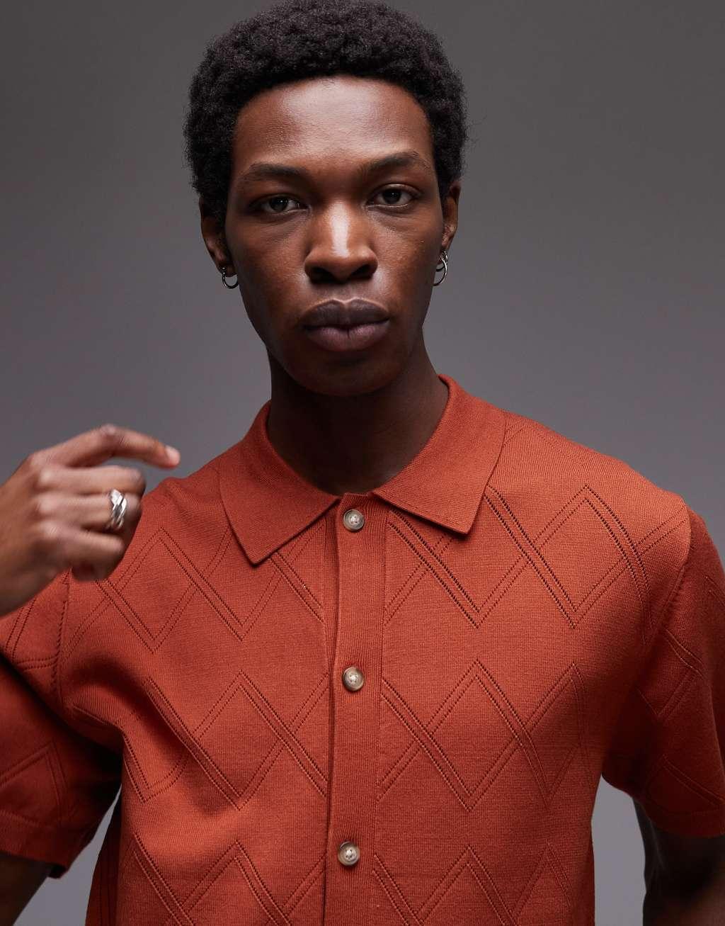 Topman knit pattern crochet shirt in rust Product Image