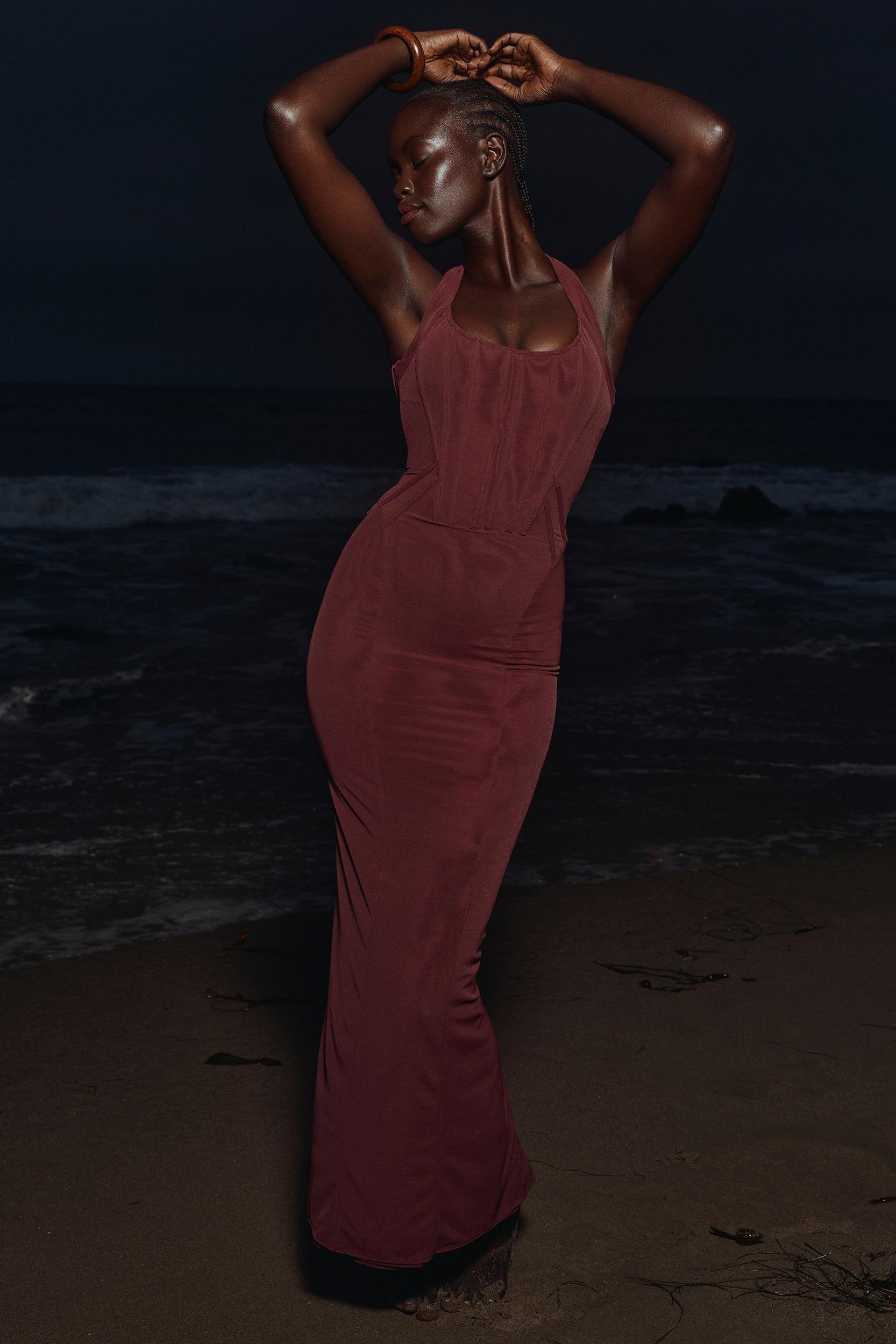 Lusilla  grape stretch mesh halter neck midi dress Product Image