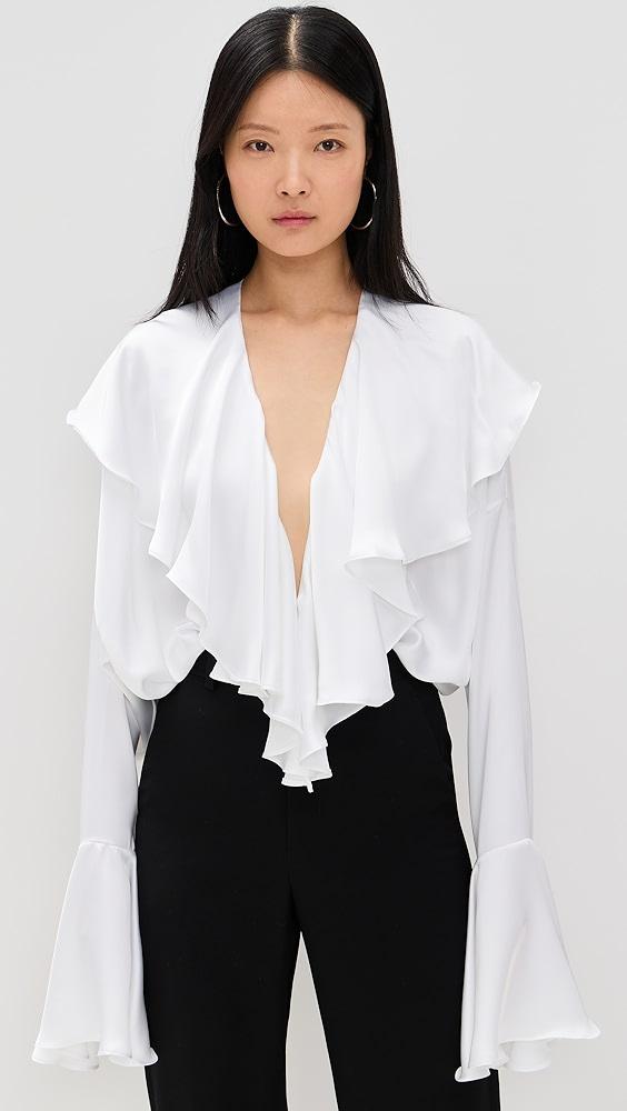 Norma Kamali Long Sleeve Deep V Ruffle Bodysuit | Shopbop Product Image