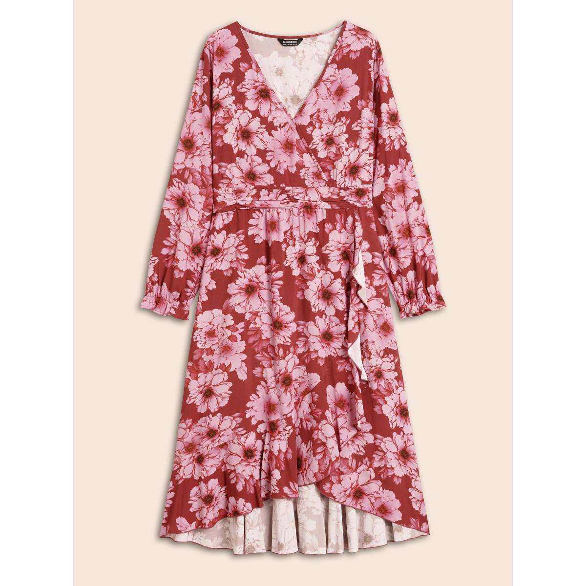 Plus Size Floral Overlap Collar Ruffle Trim Dress RedViolet Women Elegant Gathered Overlap Collar Long Sleeve Curvy BloomChic 22-24/3X Product Image