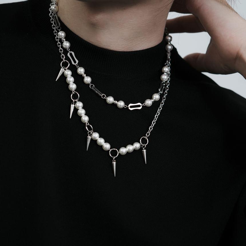Faux Pearl Necklace / Spike Fringed Necklace Product Image