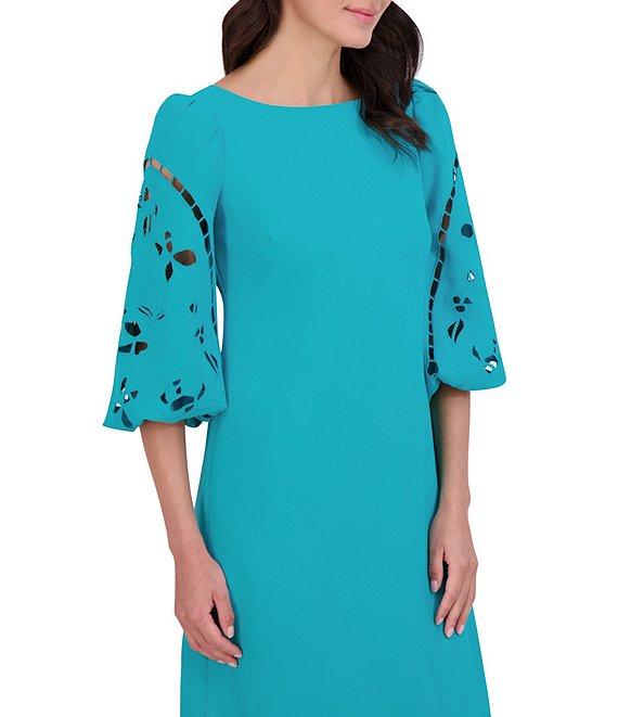 Vince Camuto Boat Neck 3/4 Laser-Cut Puff Sleeve Stretch Crepe Sheath Dress Product Image