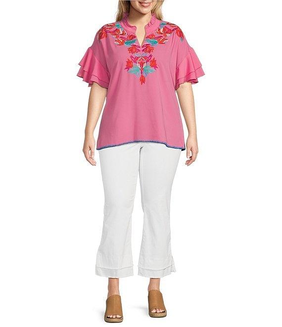 Calessa Plus Size Embroidered Ruffled V-Neck Cap Sleeve Shirttail Hem Top Product Image
