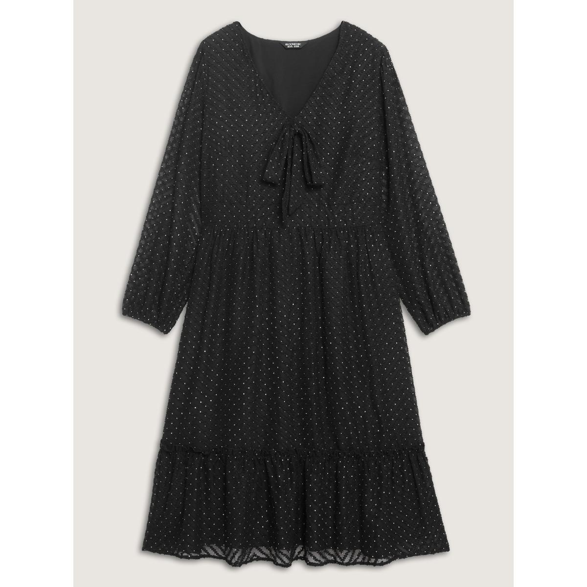 Plus Size Gold Stamped Chiffon Shirred Waist Midi Dress Black Women Party&Cocktail V-neck Long Sleeve Curvy BloomChic 14-16/1X Product Image