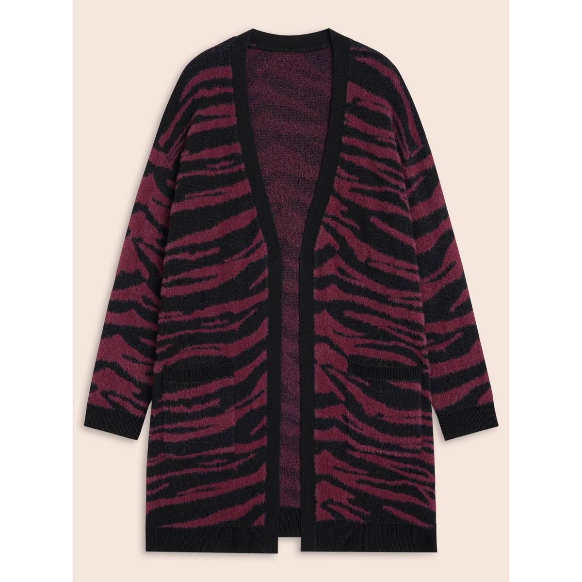 Plus Size Zebra Print Fluffy Patch Pocket Cardigan Black Women Elegant Loose Long Sleeve Everyday Cardigans BloomChic 30/6X Product Image