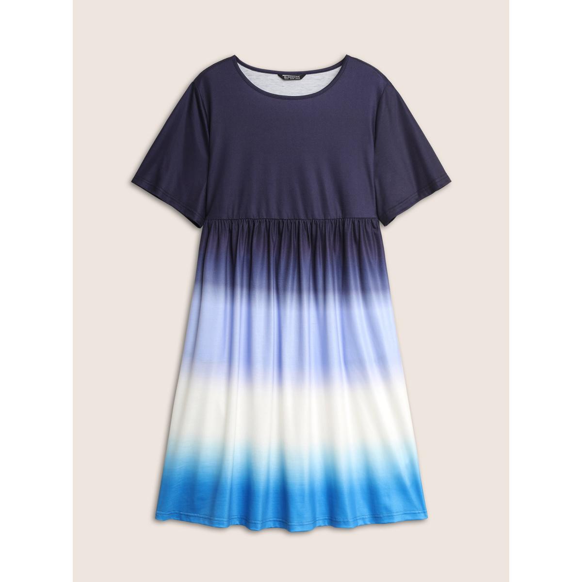 Plus Size Ombre Tie Dye Round Neck Gathered Dress Blue Women Casual Pleated Round Neck Short sleeve Curvy BloomChic 14-16/1X Product Image