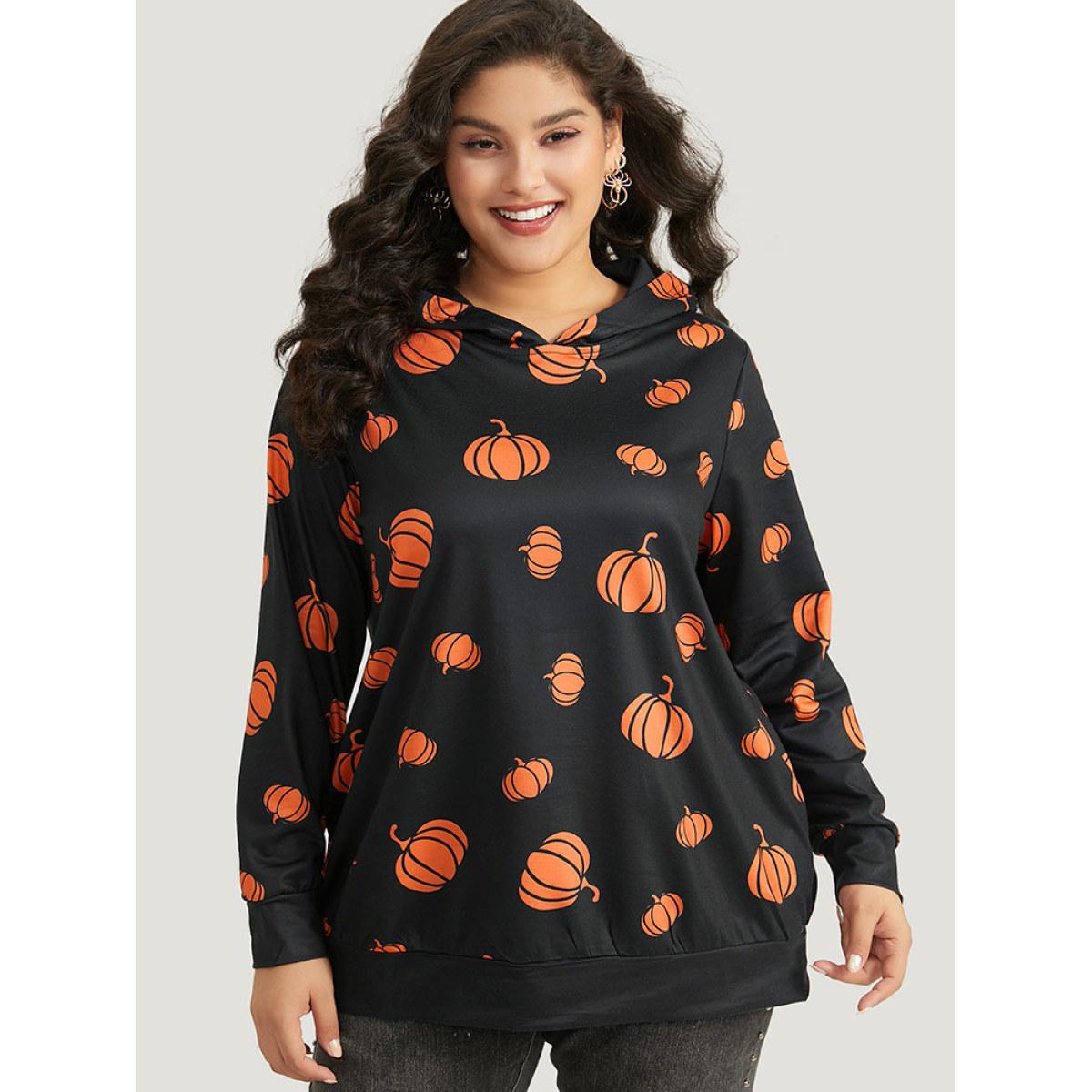 Plus Size Pumpkin Print Hooded Sweatshirt Women Black Casual Elastic cuffs Hooded Festival-Halloween Sweatshirts BloomChic 10/M Product Image