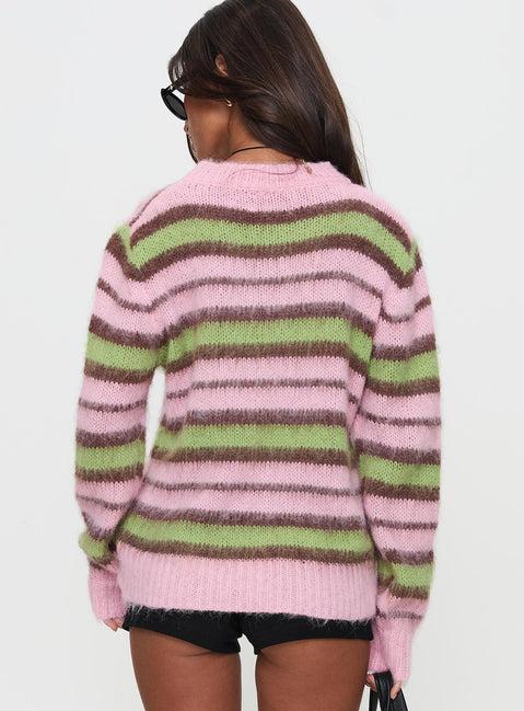 Maysie Crew Neck Knit Sweater Green / Pink Product Image