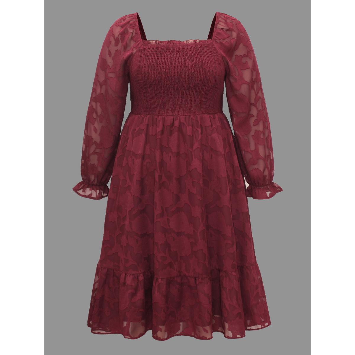 Plus Size Jacquard Texture Square Neck Midi Dress Burgundy Women Elegant Texture Party Curvy Bloomchic 22-24/3X Product Image