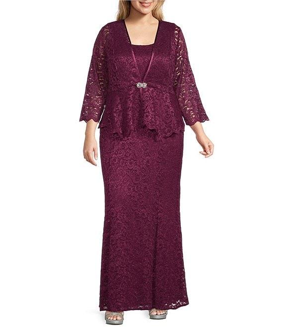 R & M Richards Plus Size Stretch Lace Charmeuse Round Neck 3/4 Sleeves Glitter 2-Piece Jacket Dress Product Image