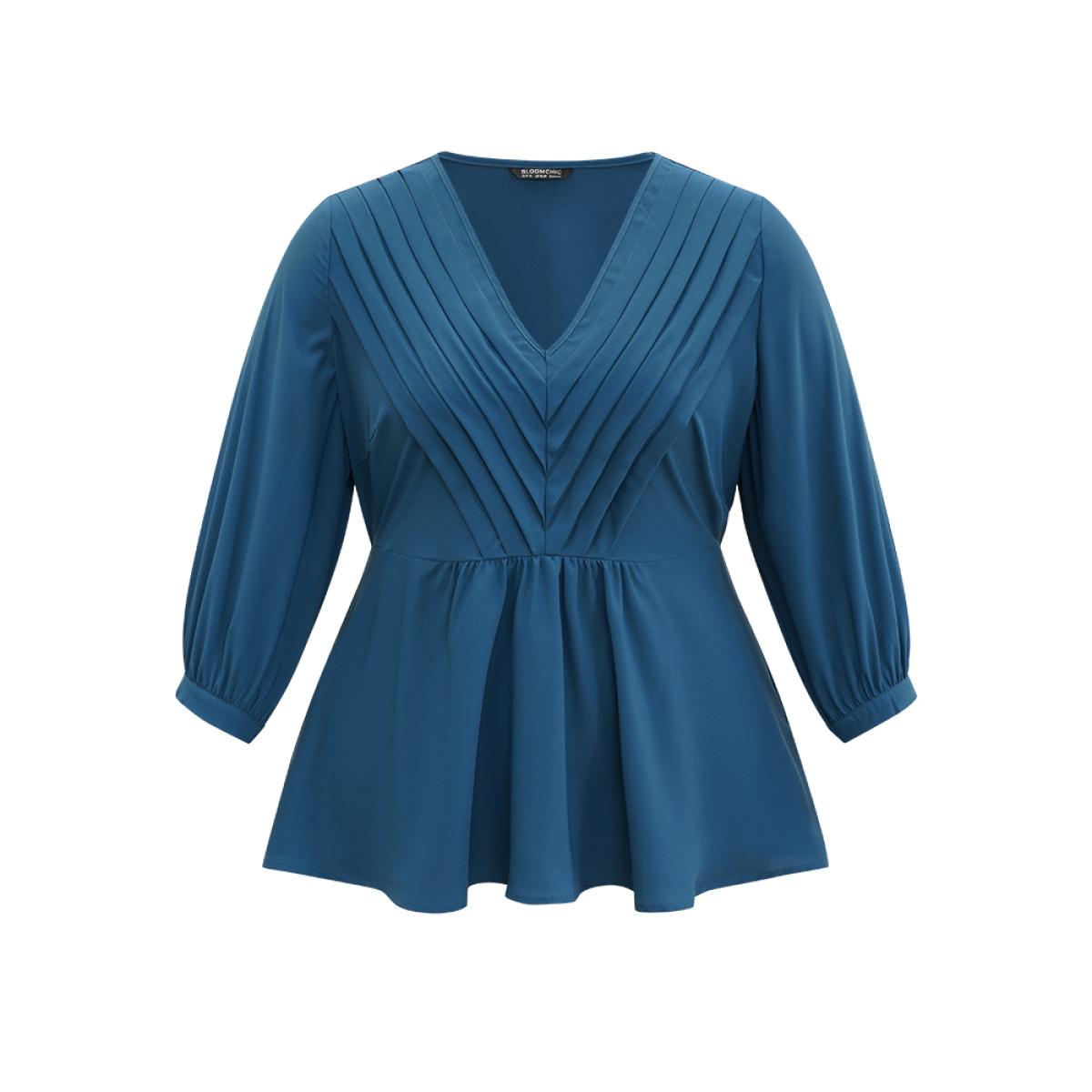 Plus Size Aegean Static-Free Elastic Waist Pleated Lantern Sleeve Blouse Women Office Elbow-length sleeve V-neck Office Blouses BloomChic 10/M Product Image