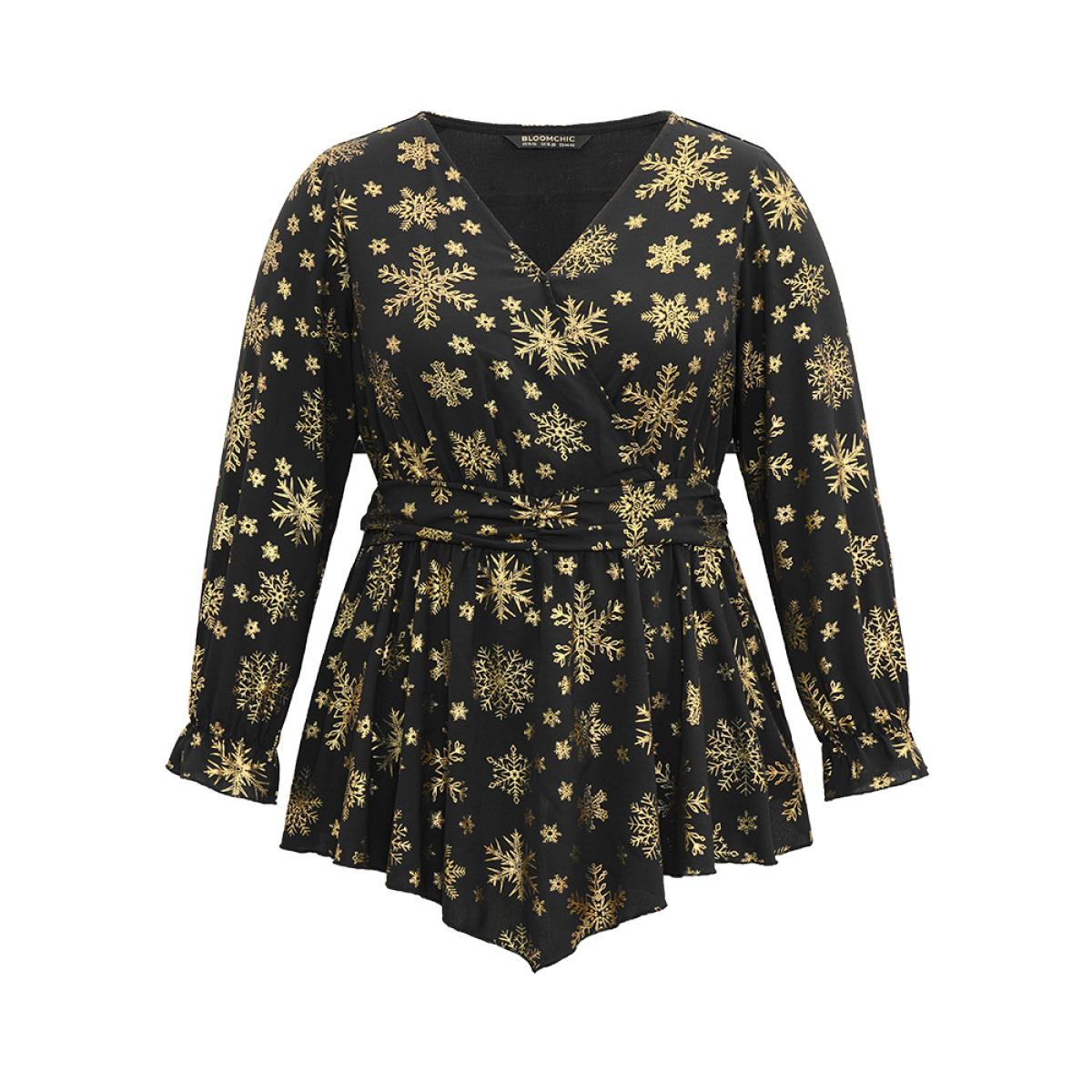 Plus Size Black Glitter Snowflake Elastic Waist Ruched Wrap Blouse Women Cocktail Long Sleeve Overlap Collar Party Blouses BloomChic 14-16/1X Product Image