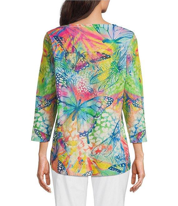 Ali Miles Floral Butterfly Printed Scoop Neck 3/4 Sleeve Top Product Image