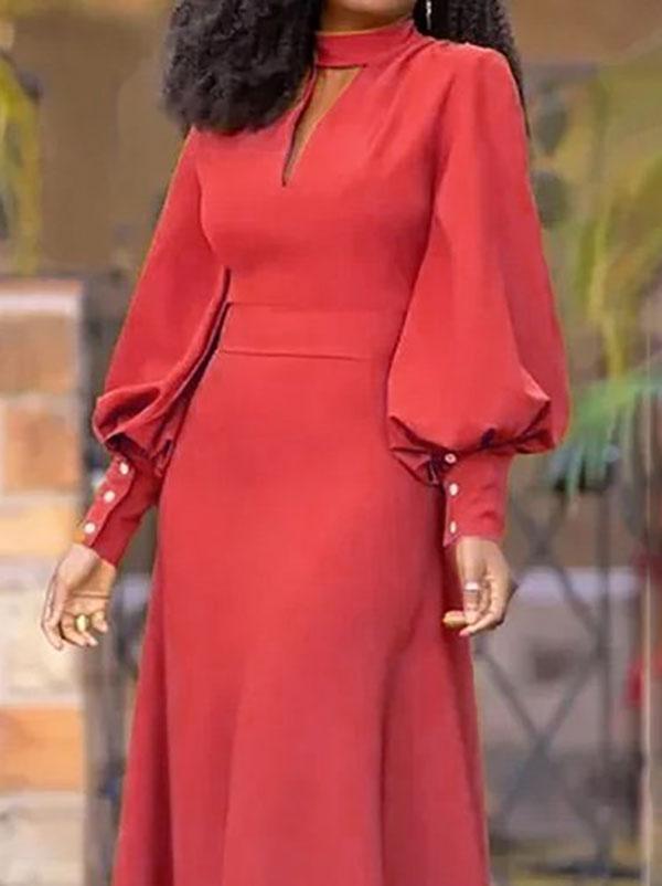 Long Sleeves Loose Buttoned Hollow Solid Color Split-Joint Round-Neck Maxi Dresses Product Image