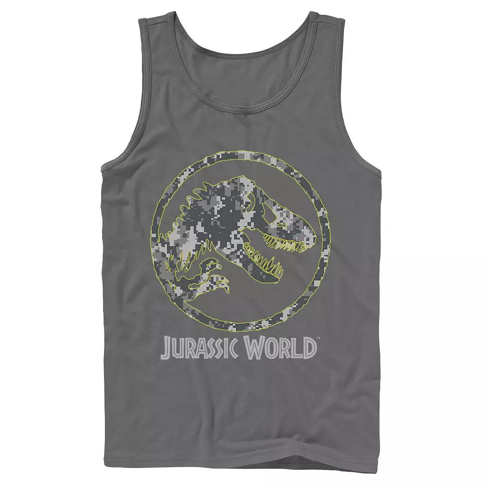 Men's Jurassic World Camouflage Yellow Outline Fossil Coin Logo Tank Top,  Product Image