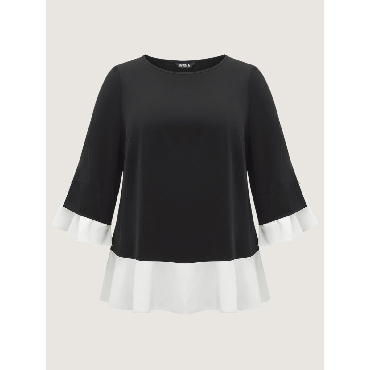 Plus Size Black Contrast Patchwork Bell Sleeve Blouse Women Romantic Elbow-length sleeve Round Neck Elegant Blouses BloomChic 10/M Product Image