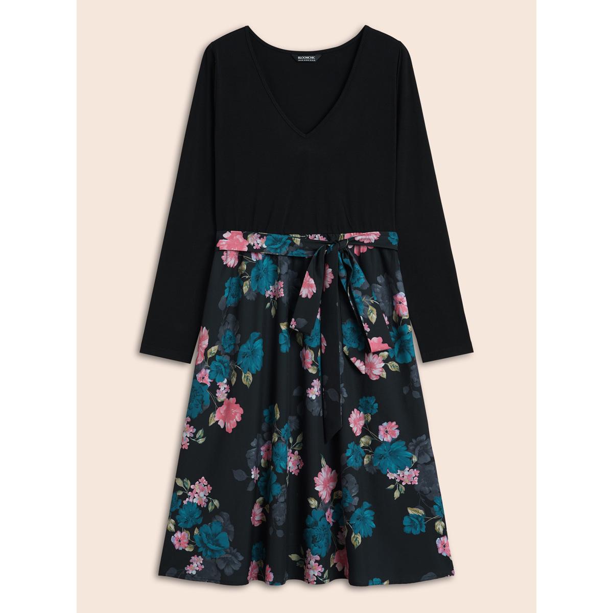 Plus Size V Neck Floral Patchwork Belted Dress Cerulean Women Elegant Belted V-neck Long Sleeve Curvy BloomChic 12/L Product Image