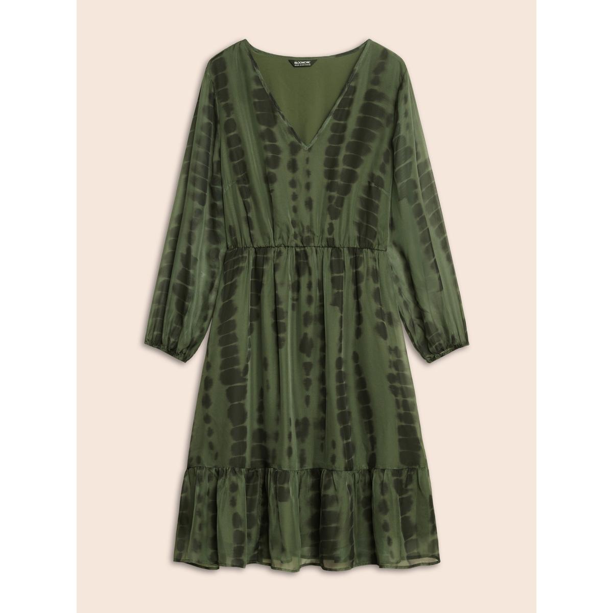 Plus Size Geometric Mesh Lantern Sleeve Midi Dress ArmyGreen Women At the Office See through V-neck Long Sleeve Curvy BloomChic 28/5X Product Image