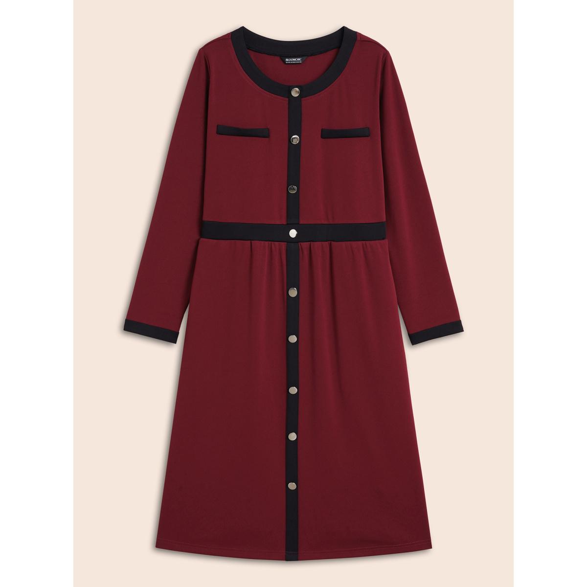 Plus Size Contrast Patchwork Metal Detail Dress Burgundy Women Elegant Contrast Round Neck Long Sleeve Curvy BloomChic 22-24/3X Product Image