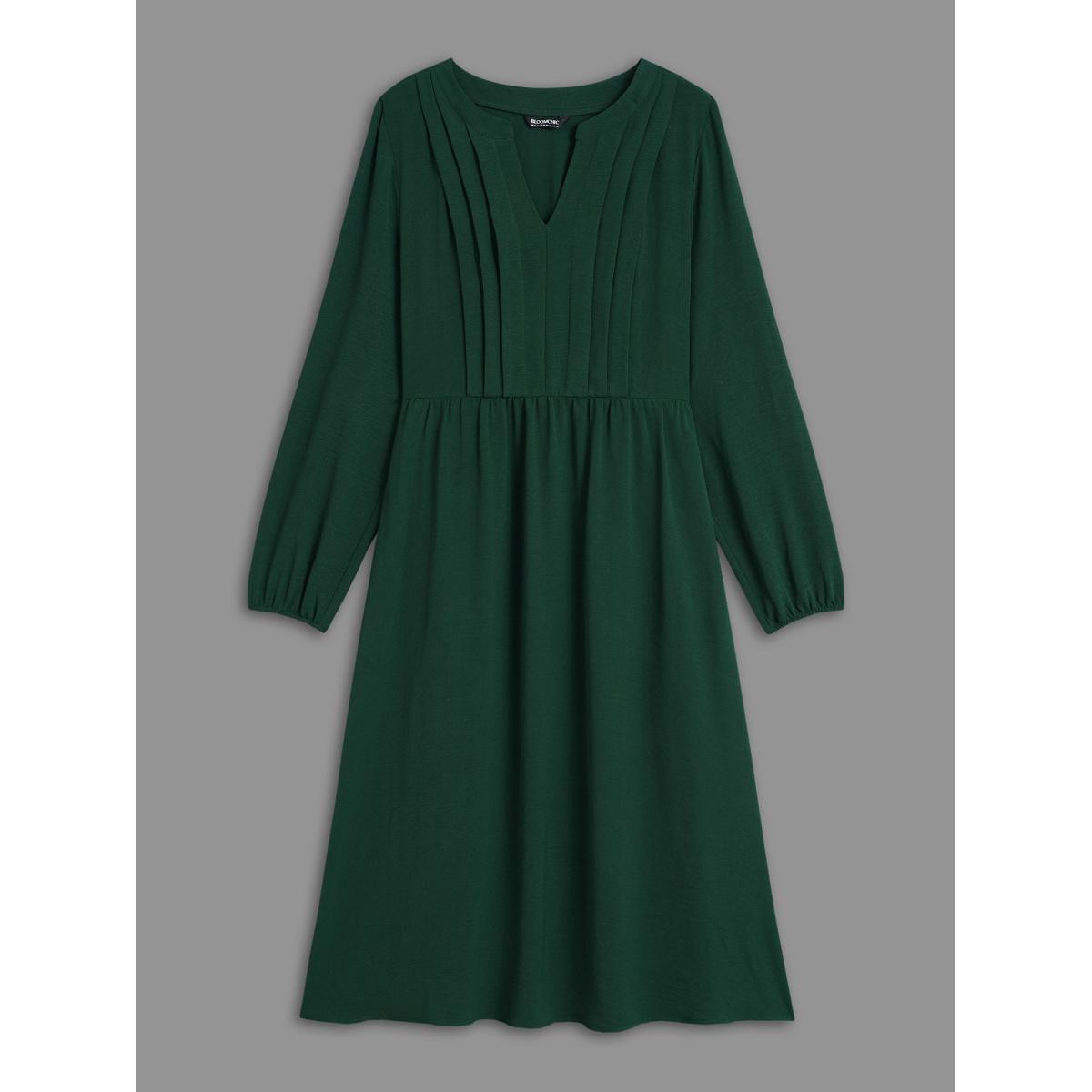 Plus Size Plain Notched Pleated Midi Dress DarkGreen Women At the Office Pleated Flat collar Long Sleeve Curvy BloomChic 14-16/1X Product Image