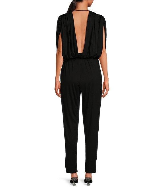 ELAN V-Neck Stretch Draped Front Short Sleeve Jumpsuit Product Image