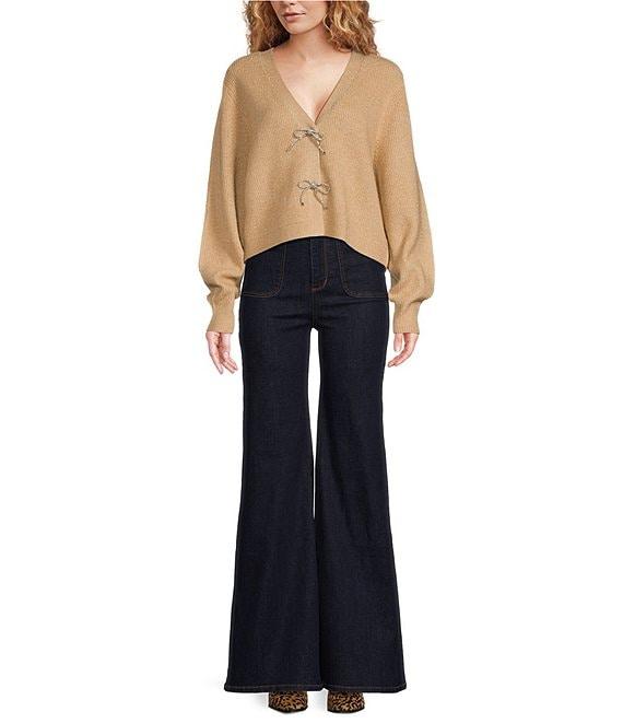 A Loves A Wool Blend Sweater Knit Rhinestone Bow V-Neck Long Sleeve Cardigan Product Image