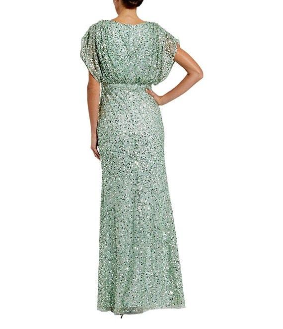 Mac Duggal Sequin Surplice V-Neck Draped 3/4 Sleeve Blouson Bodice Sheath Gown Product Image