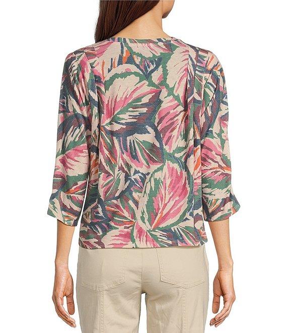 Democracy Knit Leaf Print Crew Neck 3/4 Sleeve Front Knot Hem Top Product Image