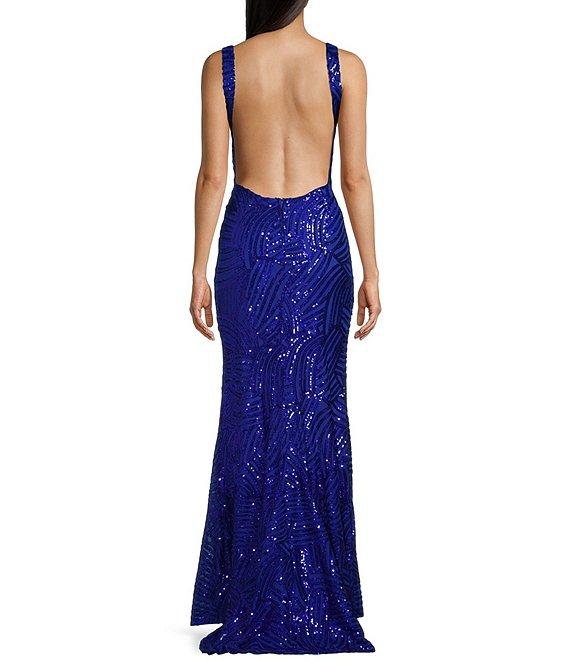 City Vibe V-Neck Sleeveless Sequin Pattern Open Back Side Slit Dress Product Image