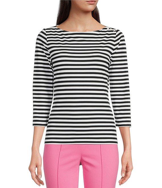 J.McLaughlin Wavesong Striped Print 3/4 Sleeve Button Shoulder Tee Shirt Product Image