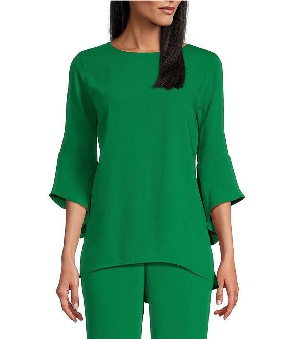 Caroline Rose Julia Matte Crepe Crew Neck 3/4 Ruffled Sleeve High-Low Hem Top Product Image