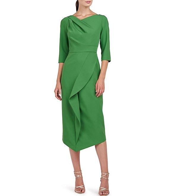 Kay Unger Stretch Crepe Asymmetrical Neckline 3/4 Sleeve Ruffle Front Midi Dress Product Image
