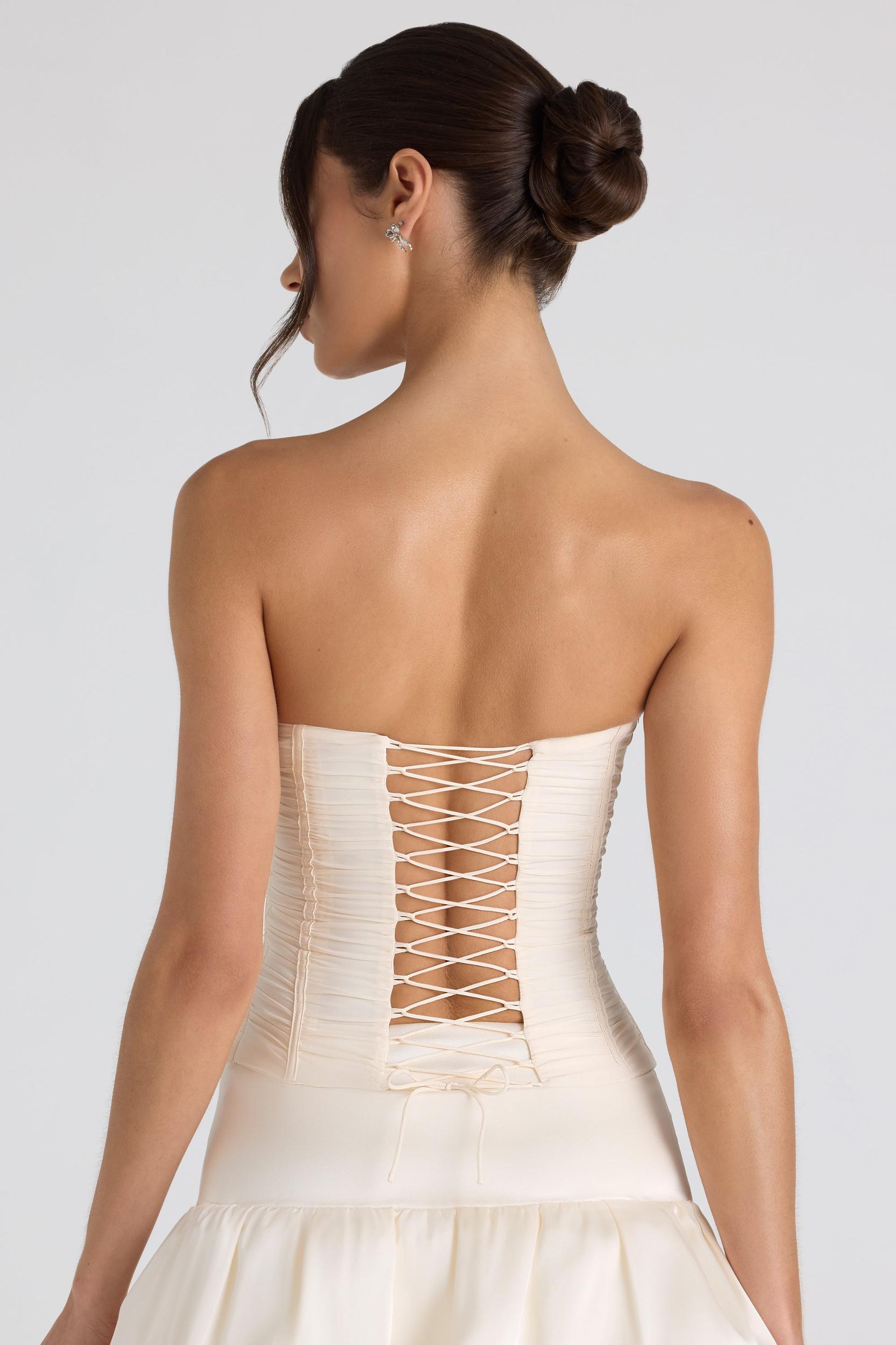 Ruched Lace-Up Strapless Corset Top in Ivory Product Image