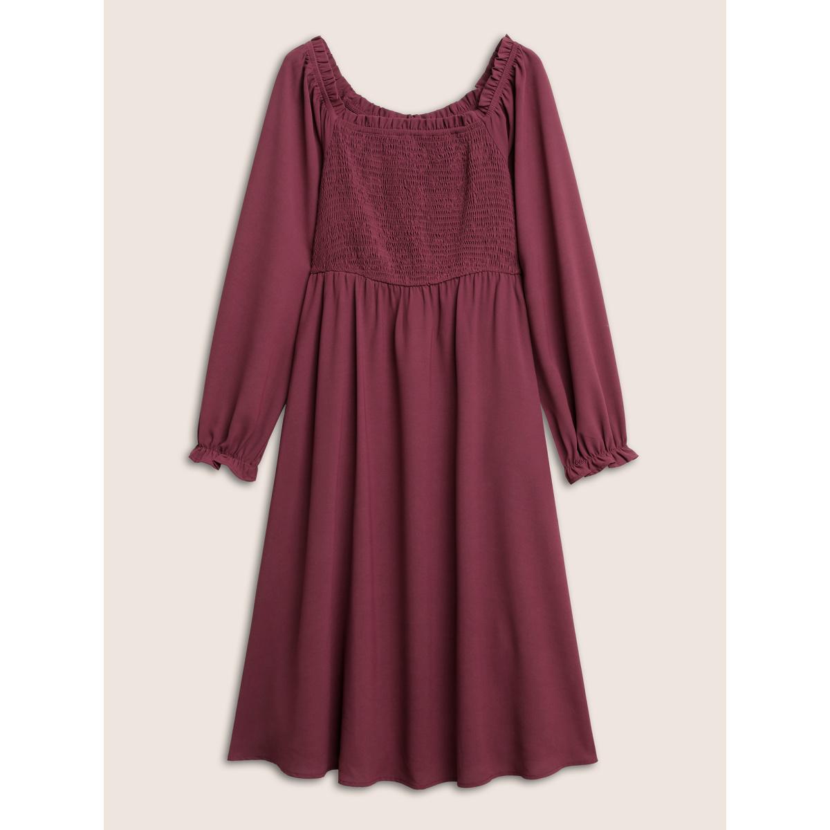 Plus Size Square Neck Shirred Pleated Frill Trim Dress RedViolet Women Elegant Non Square Neck Long Sleeve Curvy Midi Dress BloomChic 14-16/1X Product Image