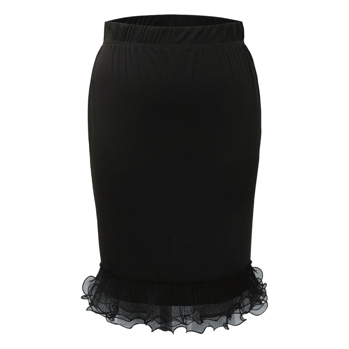 Plus Size Guipure Lace Ruffles Split Hem Bodycon Skirt Women Black Glamour Plain Bodycon Medium stretch Festival-Christmas Skirts BloomChic 10/M Product Image