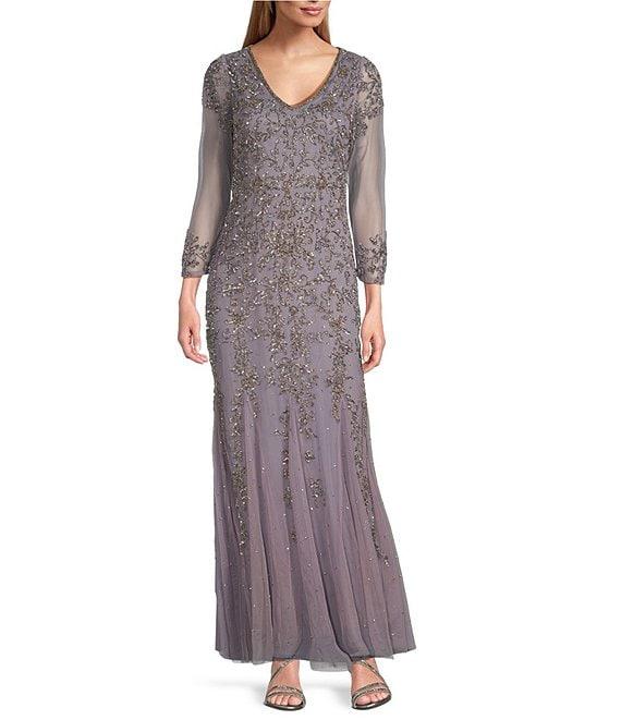 Pisarro Nights Beaded Mesh V Neck 3/4 Sleeve Fit and Flare Gown Product Image