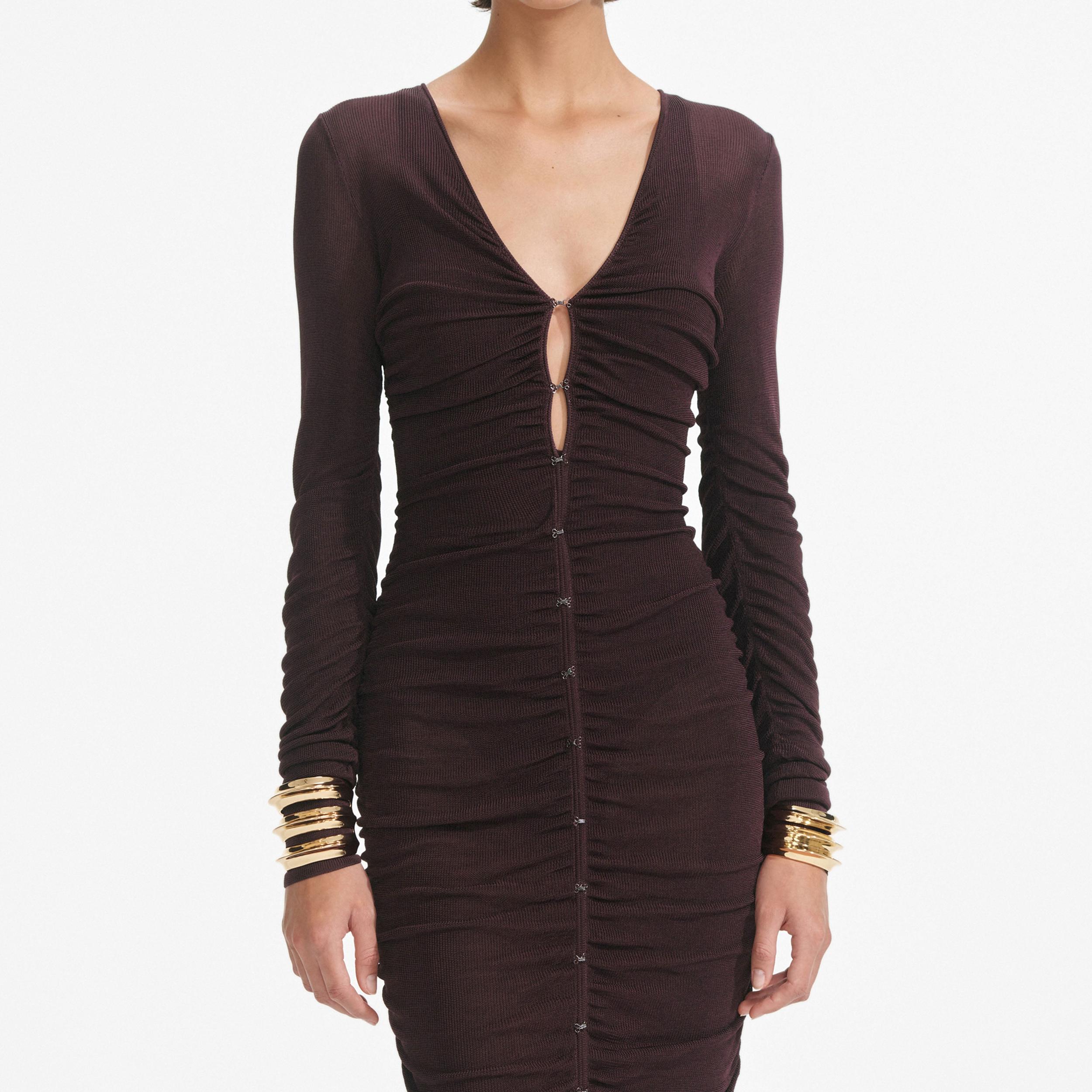 Brown Gathered Viscose Knit Midi Dress Product Image